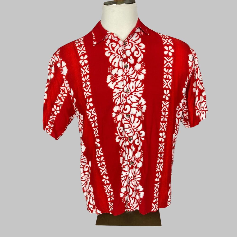 Vintage Presence Clothing  Aloha Shirt Men XL Red Hibiscus Panel Print Rayon Y2K